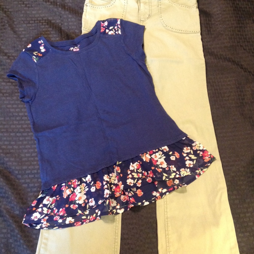 Girls flowered top with soft green khaki pants